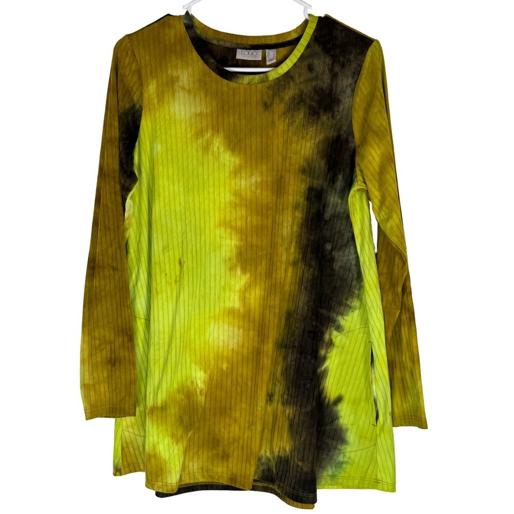LOGO by Lori Goldstein Ribbed Tie Dye Top Womens Medium Lime Green Long Sleeve